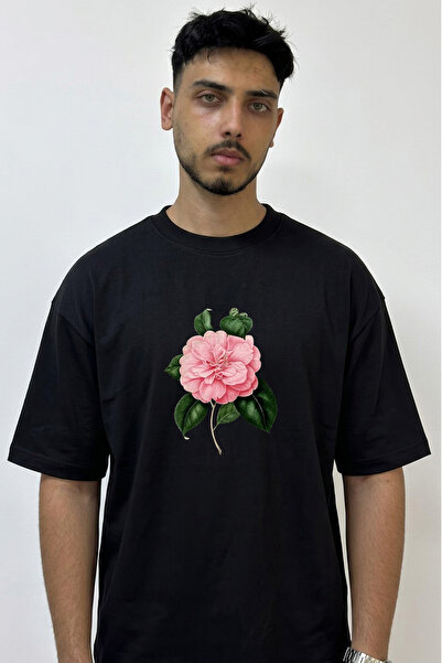 Anetos Pink Camellia Design Printed Oversize Black T-Shirt