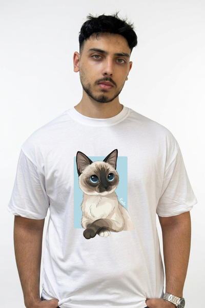 Anetos Siamese Cat_1 Design Printed Oversize White T-Shirt