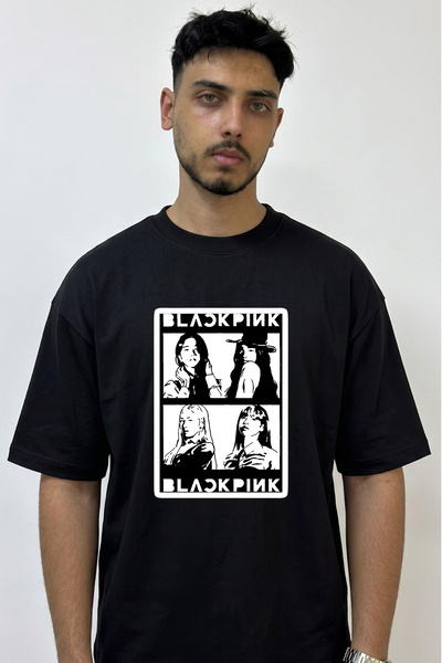 Anetos Kpop Blackpink Design Printed Oversize Black T-Shirt