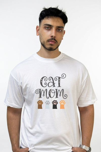 Anetos Cat Mom Design Printed Oversize White T-Shirt