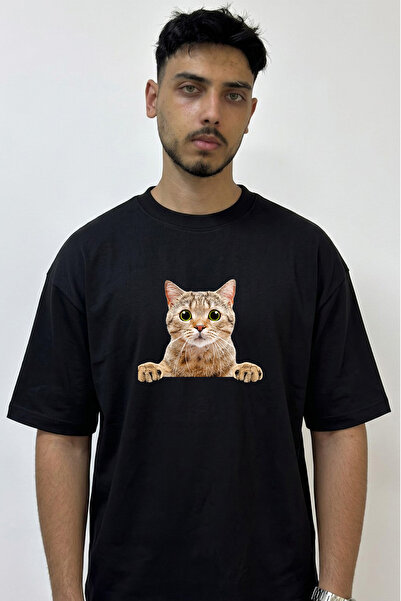 Anetos Green-Eyed Cat Design Printed Oversize Black T-Shirt
