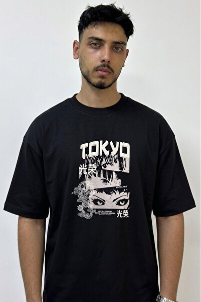 Anetos Tokyo Manga Dragon Design T-shirt sa štampanjem, velika crna majica