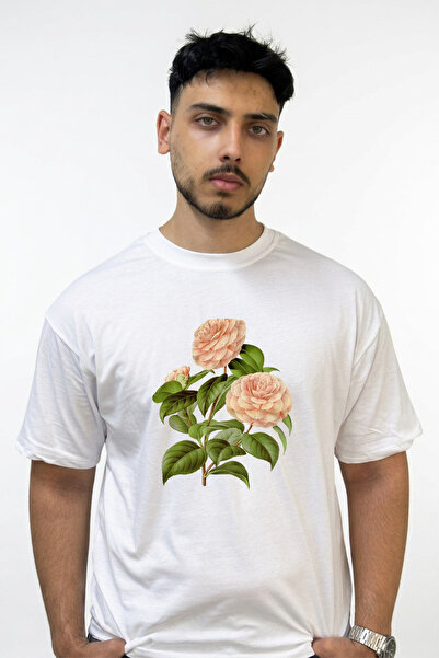 Anetos Pink Camellia Design Printed Oversize White T-Shirt