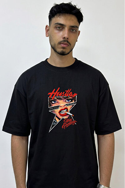 Anetos Hustle Woman Design Printed Oversize Black T-Shirt