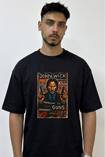 Anetos John Wick Basquiat Design Printed Oversize Black T-Shirt