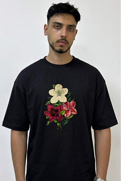 Anetos Azalea Botanical Design Printed Oversize Black T-Shirt