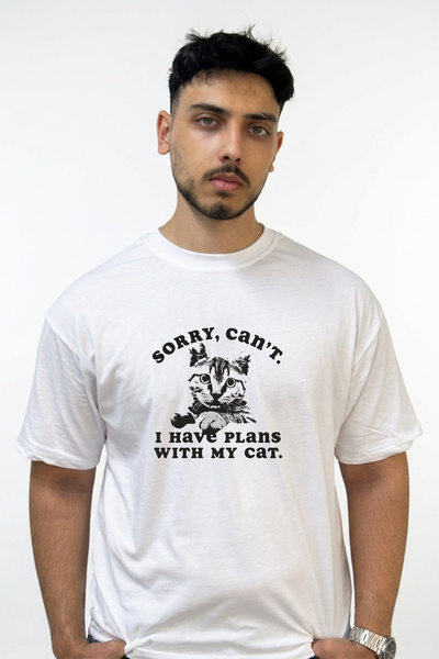 Anetos Tekir Cat Design Printed Oversize White T-Shirt