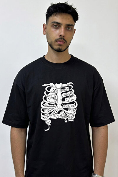 Anetos Cat Rib Design Printed Oversize Black T-Shirt