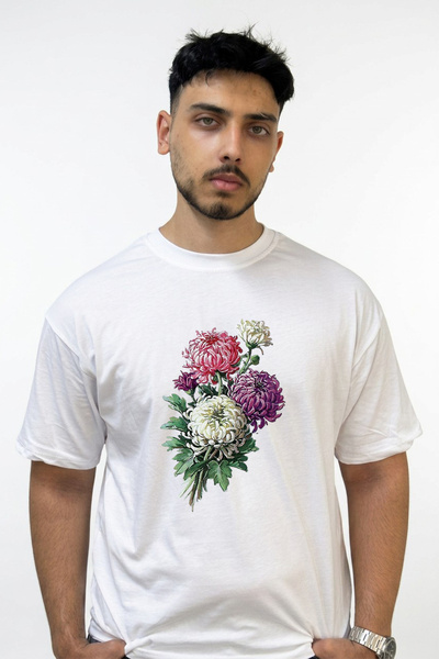 Anetos Kasimpati Bouquet Design Printed Oversize White T-Shirt