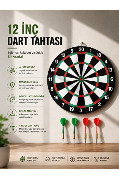 Lisinya 12 Inch Wooden Dart Board Including 4 Metal Tip Darts -