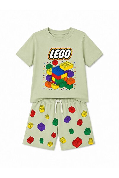 YİGİT BUTİK Boys' Lego Printed Shorts Set Summer Short Sleeve Top and Bottom Set
