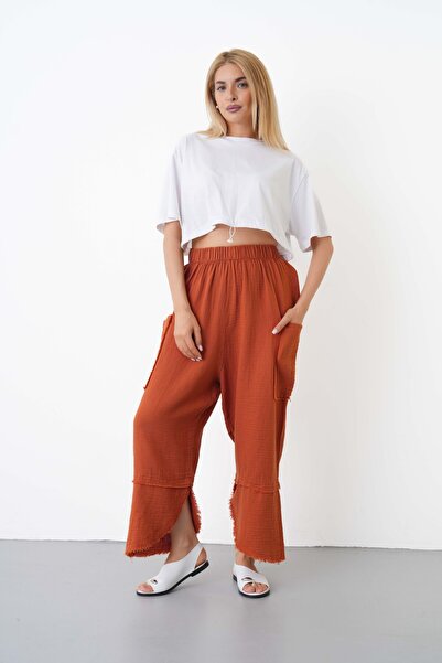 THE VOLER 100% Cotton Muslin Shalwar Trousers Women's High Waist Oversize Rel...