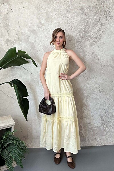 Elbee Fashion Woman Κίτρινο φόρεμα μάξι με λεπτομέρειες από γκουπέρ και στρώσεις
