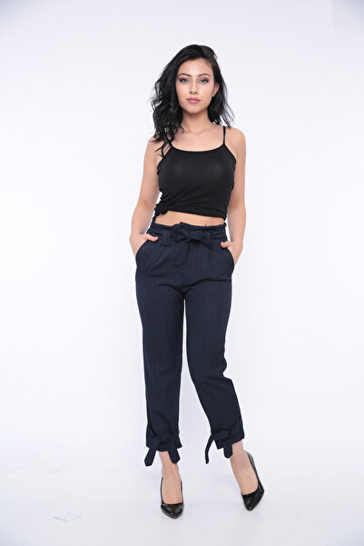 FIRST STYLE Women's Belted Turkish Trousers Navy Blue
