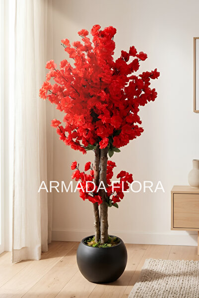 Armada Flora Premium Yapay Kırmızı Bahar Dalı Ağacı 100 cm - 27*33 Küre Saksılı