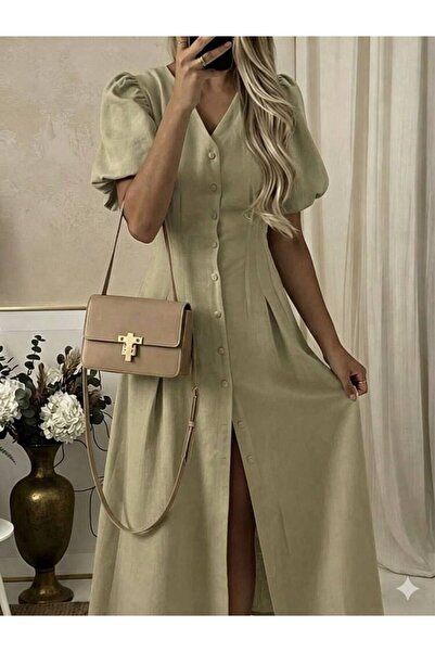 sajarsln Linen Fabric Balloon Sleeve Button Detailed Maxi Dress