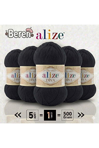 Alize Diva - 60 Black - 5-Pack - 100Gr/350M - First Spring and Summer Blouse,...