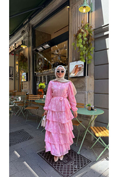 LOCCO Women's Embroidered Layered Flounce Waist Tie Suit Pink