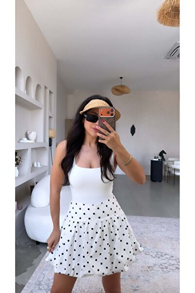 Buket Teke White Polka Dot Balloon Shorts Skirt