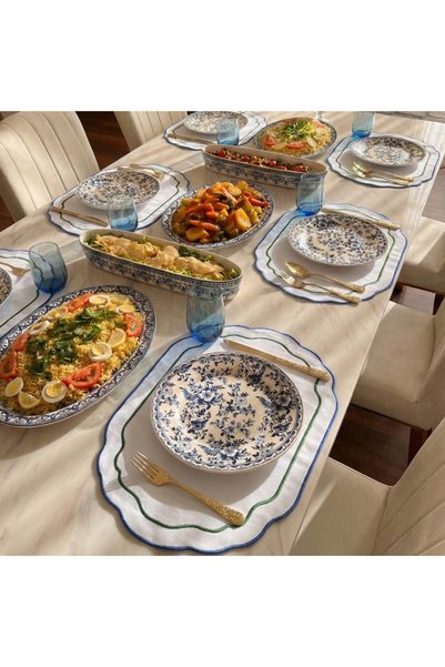 Duu Home 8-Piece Blue Green Embroidered Cream Fabric Antoinette Linen Placemat Set |   Stain Resistant |   Modern Table Decor