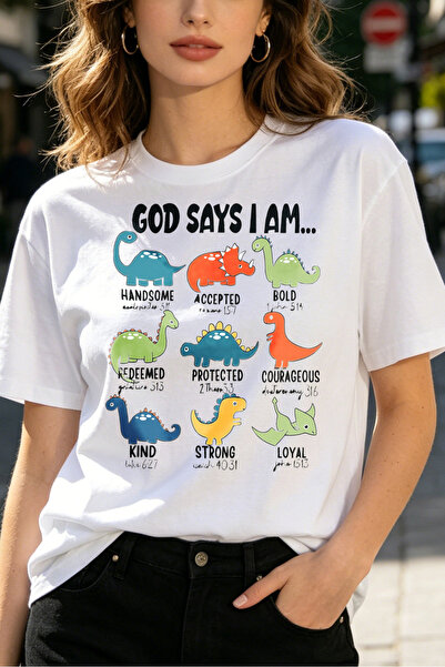 Fleck Women's T-Shirts God Says I Am Dinosaur Print Short Sleeve Casual Tee