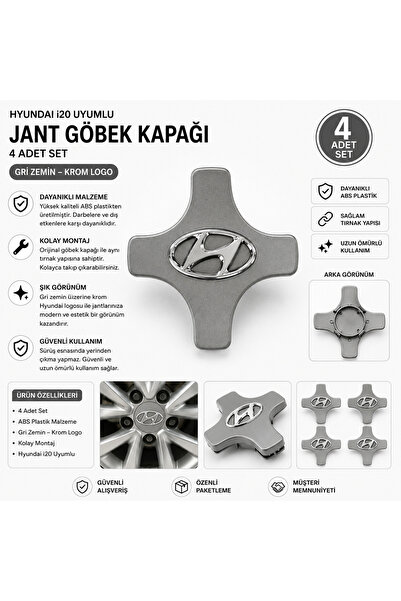 OTOYOL Hyundai i20 Uyumlu 4 Tırnak Jant Göbek Kapağı Gri ABS Plastik 4 Adet Set