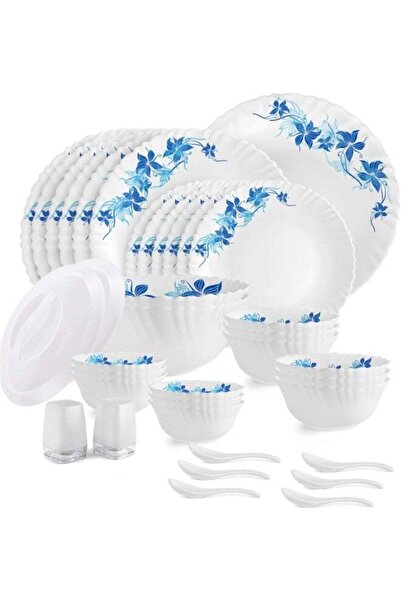 CELLO Opalware Dazzle Blue Swirl Dinner Set, 37Pcs, White