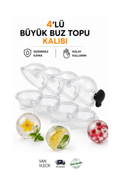 VAN VLECK 4'lü Büyük Küre Buz Kalıbı – Dev Buz Topu Yapma Kalıbı, Yuvarlak Bu...
