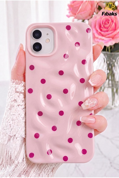 Fibaks iPhone 12 / 12 Pro Kılıf Dalgalı Desenli Pembe Puantiyeli Silikon Şık ...