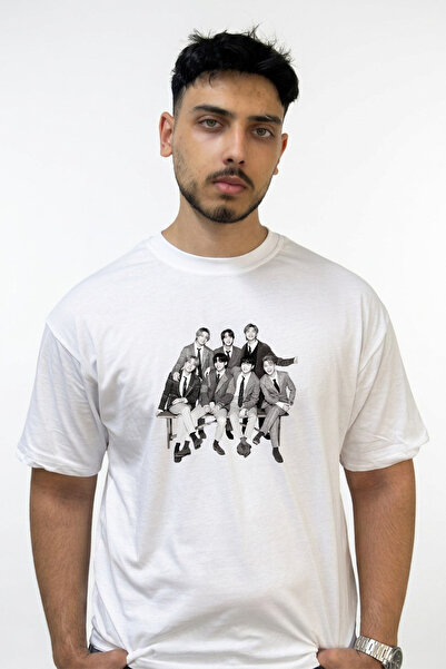 Anetos Tricou alb supradimensionat cu imprimeu BTS K Pop Design