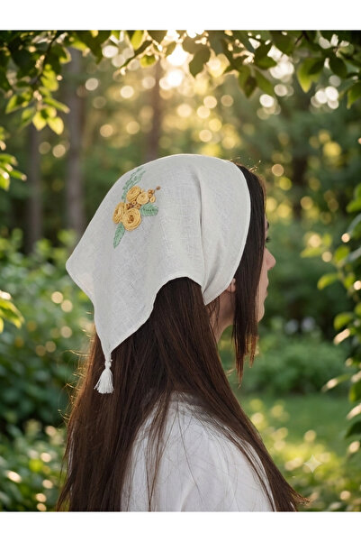 Merishe Jewerly Linen Bandana Yellow Rococo Floral Embroidered