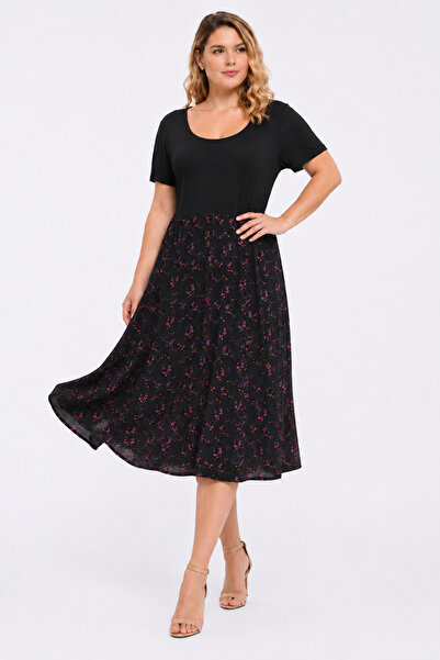 Şans Women's Large Size Black, Floral Pattern, Knitted Viscose Fabric, Short ...