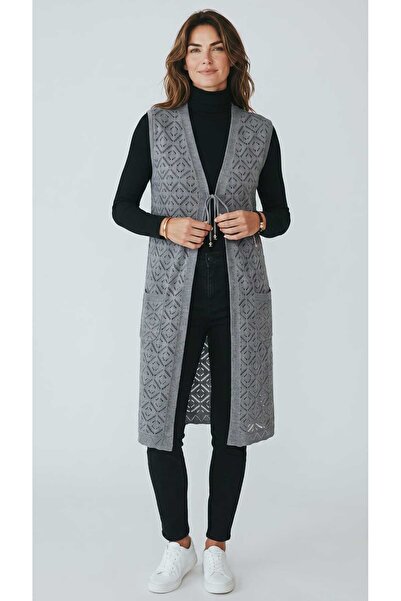 ECE GİYİM Women's Lace-Up Front Pocketed Patterned Thin Long Vest