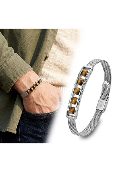 OGHAMAY Tiger's Eye Stone and Stainless Steel Bracelet 18392B23D4