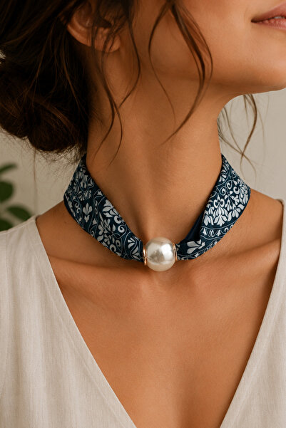 Modex Navy Blue White Shawl Patterned Pearl Detail Front Closure Satin Scarf ...