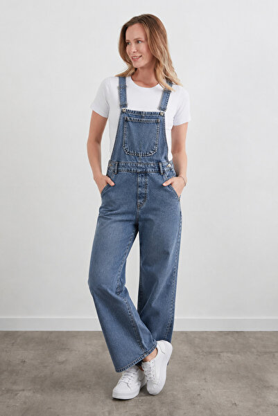 ModaPlaza Women's Belted Wide Leg Jeans Salopet with Front Pockets 116-1