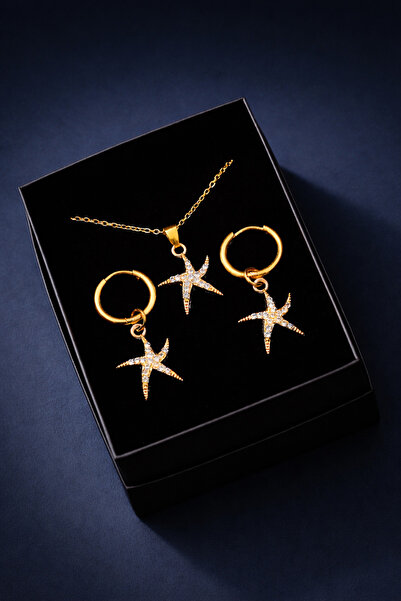 THE Steel Zircon Stone Starfish Figured Pendant Hoop Earring Set Gold