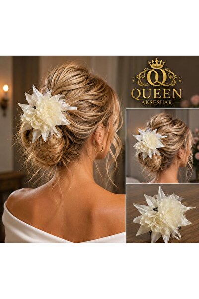 QUEEN AKSESUAR Luxurious Large Volume Cream White Tulle Layered Rose Flower H...