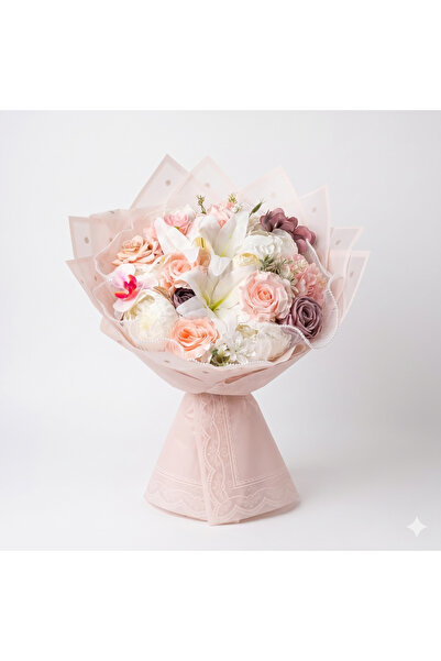 Rose Art Flowers Pudra Gül ve Lilyum Buketi Orkide Detaylı Yapay Aranjman Çiçek