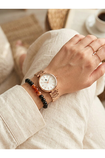 G Sport POLO Rose Gold Metal Women's Wristwatch with Beaded Bracelet Gift Set