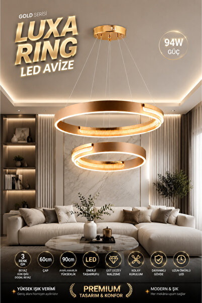 Elvora Home Modern (PREMİUM) LED Modern Gold Kasa Halka Tasarım Sarkıt Avize ...
