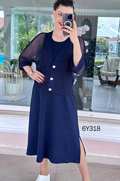 İnce Topuk Mesh Cardigan Modal Fabric Dress Set 6Y318