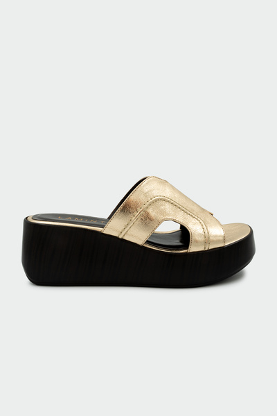 LAMİNTA Pafu Genuine Leather Women's Gold Thick Sole Slippers