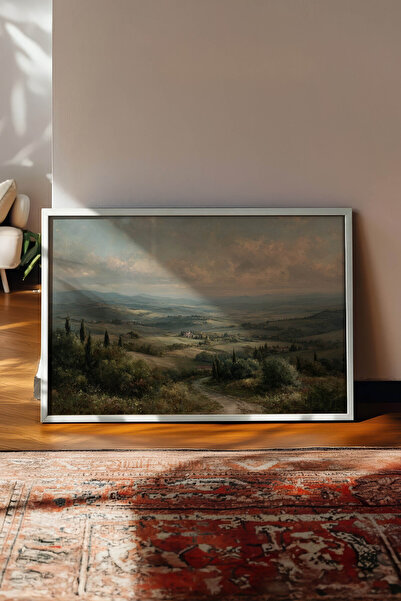 Zestia Pictură murală orizontală de epocă, peisaj rural din Toscana, înrămată...