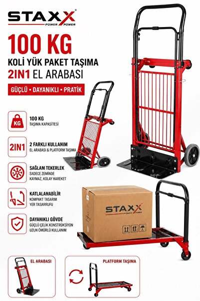 STAXX POWER 100Kg Katlanır Koli Taşıma Arabası 2in1 Platform El Arabası Katla...