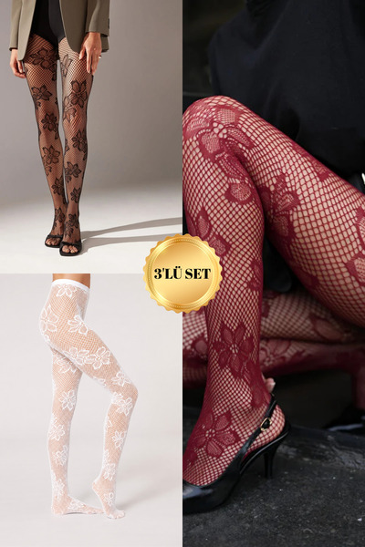 KIRMIZIUNDERWEAR Set of 3 Black, White, Burgundy Lace Patterned Fishnet Women...