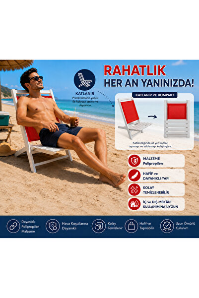 Altınkayaticaret Katlanır Plaj Sandalyesi Beyaz Kırmızı Polipropilen Hafif Şe...