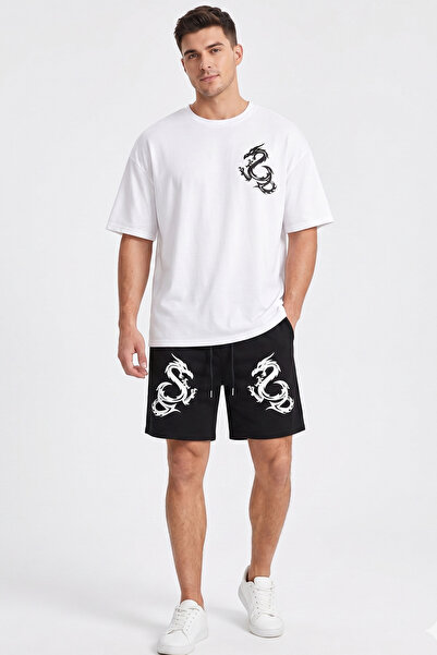 EFFRENATU Men's T-Shirt Shorts Set White Dragon Print Oversized