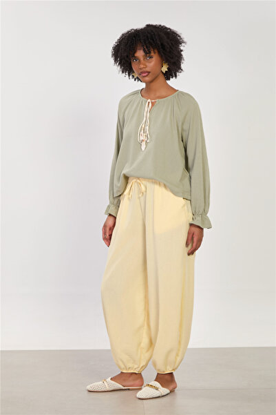 BARRELS AND OIL Women's Elastic Waist Drawstring Shalwar Trousers - Light Yellow