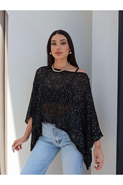 ESRAHELVACI Asymmetrical Cut Sparkling Poncho Blouse